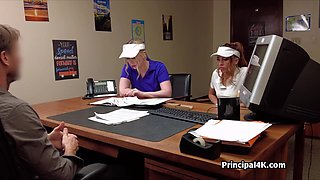 Luscious golf chicks riding principals penis at the office