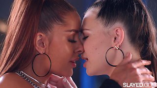 Two naughty girls decide to start a passionate lesbian sex alone at the gym