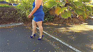 Big fat slutty wife secretly showing off her body outdoor on camera in public parking lot with strangers in cars driving by