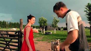 Skinny dark-haired girl fucks outdoors