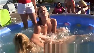 Teen Lesbians Naked Pool Fight & Sex Initiation Game
