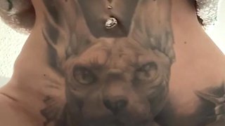 Horny MILF with Hairy and Pierced Pussy Masturbates with Big Cock Dildo. Long Nails Mature Cougar