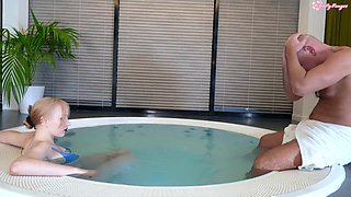 Slim Busty Blonde Teen Pleases A Big-dicked Old Guy With a Hot Combination Of BJ & Titjob In Jacuzzi