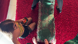 Halloween sluts in festival costumes give a big dick guy a sloppy handjob with balls massage and cock teasing