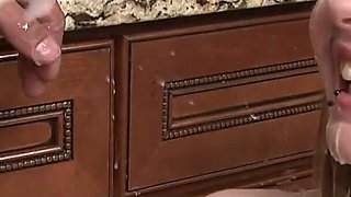 Skinny Slut Jerks Out a Huge Load All Over Her Face