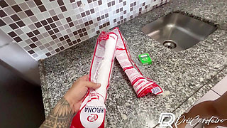 I fucked the hot neighbor in her kitchen, naughty bitch still got cum in her mouth