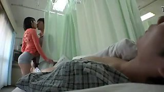 Asian girl cheats in hospital visit through the curtain groping