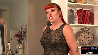 Horny redhead voyeur watching wanker
