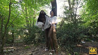 Amazing black girl dressed like a bride has passionate sex with her lover outside in the woods