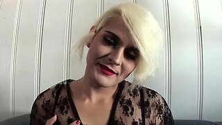 Tattood shemale tranny plays with ass during masturbation