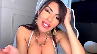 Stacked bride has fun with sex toys before the wedding