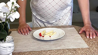Amateur MILF Breakfast Roleplay Flashing and Rubbing Honey All Over Sticky Tits and Hairy Pussy