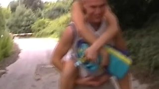 Sexy German teens sharing big dick in a public threesome