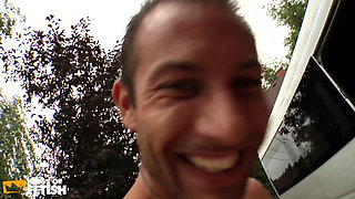 Busty Brunette Gets Her Pussy Smashed by the Bus Driver and His Friend Outdoor