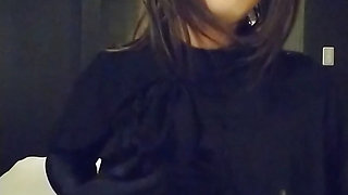 A cross-dressing boy wearing a black dress masturbated wearing black full-body tights on the inner layer and felt good.