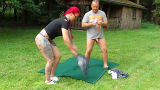 Chubby emo chick gets her muff fucked right on the lawn