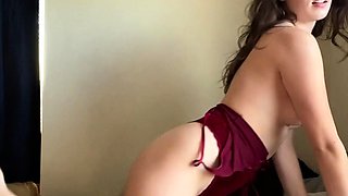 Small titted brunette teen fingering on the bed