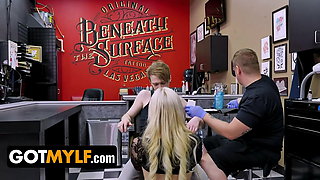 GotMylf - Hot Milf With Perfect Ass Distracts Young Stud With Passionate Blowjob In A Tattoo Studio