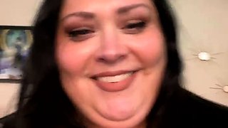 Busty curly brunette with big boobs fucks on couch