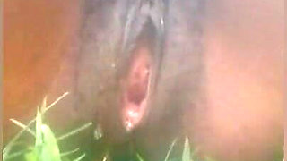 My slut masturbating and pee in the bush, she got fat pussy