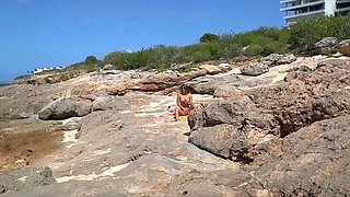 Amazing busty brunette slut doing blowjob outdoor