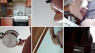 Brunette hairy bun, big tits, sensual hairy woman in the kitchen. Sexy MILF, hairy pussy, big ass