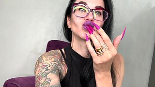 Purple Color Long Nails, Sharp Stilettos, Palms, Long Fingers and Hands Worship, Black Pvc on Me