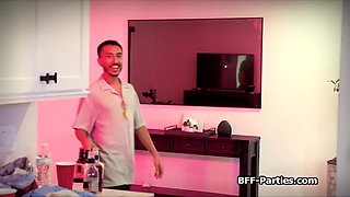 Asian girlfriends riding DILF penis after party