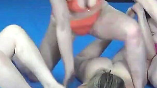 Four Sexy Ladies Wrestling and Tickling at the Gym