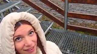 Slutty redhead gives a nice blowjob to an older guy outdoor and takes his cum in her mouth