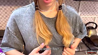 The flatmate-girl doesnt mind periodic fucking in the kitchen and gets cum in her mouth and on her pigtails