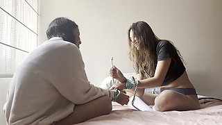 Two lesbian girls do a female wrestling match with their hands tied with ropes