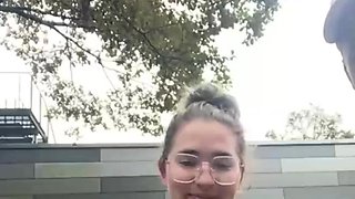 Horny slut suck cock and takes hard doggy pounding in public