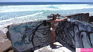 Slutty Porn Star Models on Public Beach