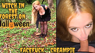 Hot Blonde Witch in the Forest on Halloween - Deepthroat Creampie Squirt