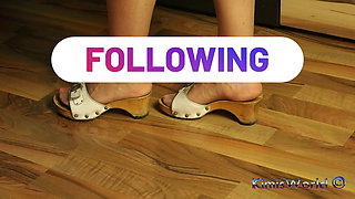 Slow Dangling in Classic Wooden Mules - Barefoot Tease on Hardwood Floor