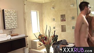 Perfect sucking cock action in a steamy bathtub