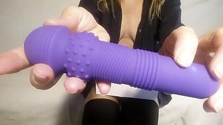 Nippleringlover Horny Milf Unboxing New Vibrator Masturbating Pierced Pussy Extreme Pierced Nipples High Heels Stockings