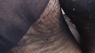 Closeup Black Nylon Pantyhose Feet
