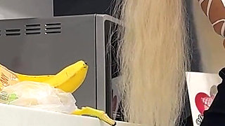 Super Hot Sexy Long Legs Blonde Takes off Her Panties to Show Her Tight Pussy Under Her Mini Skirt