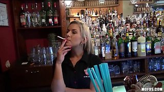 Gorgeous blonde bartender is talked into having sex at work