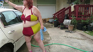 Car wash in and out of my iron man bikini set part 2 flashing
