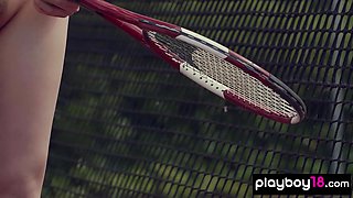 Lovely tennis player stripping at court