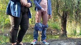 Mature MILF and Step Son Outdoor Handjob Fun in Panties