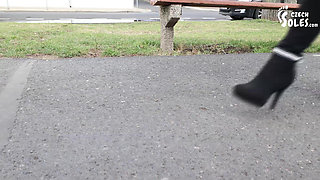 Public High Heels Walking, Worn Pantyhose and Foot Play