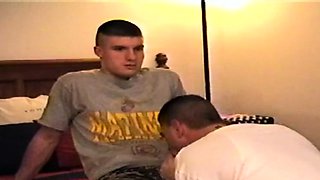 Mucled str8 dude gets blowjob from gay
