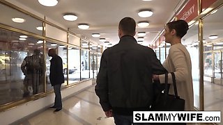 Busty brunette takes gets banged in front of her guy