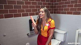 Mackenzie Mace is sucking dildo in the toilet