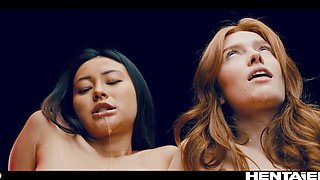 Jia Lissa and Rae Lil Black get railed by an alien monster in real life anime porn