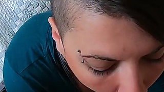 Bedroom blowjob with facial and swallow